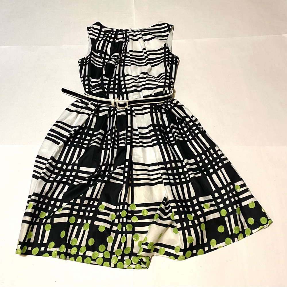 Ellen Tracy Black and White Plaid Dress with Green Dots